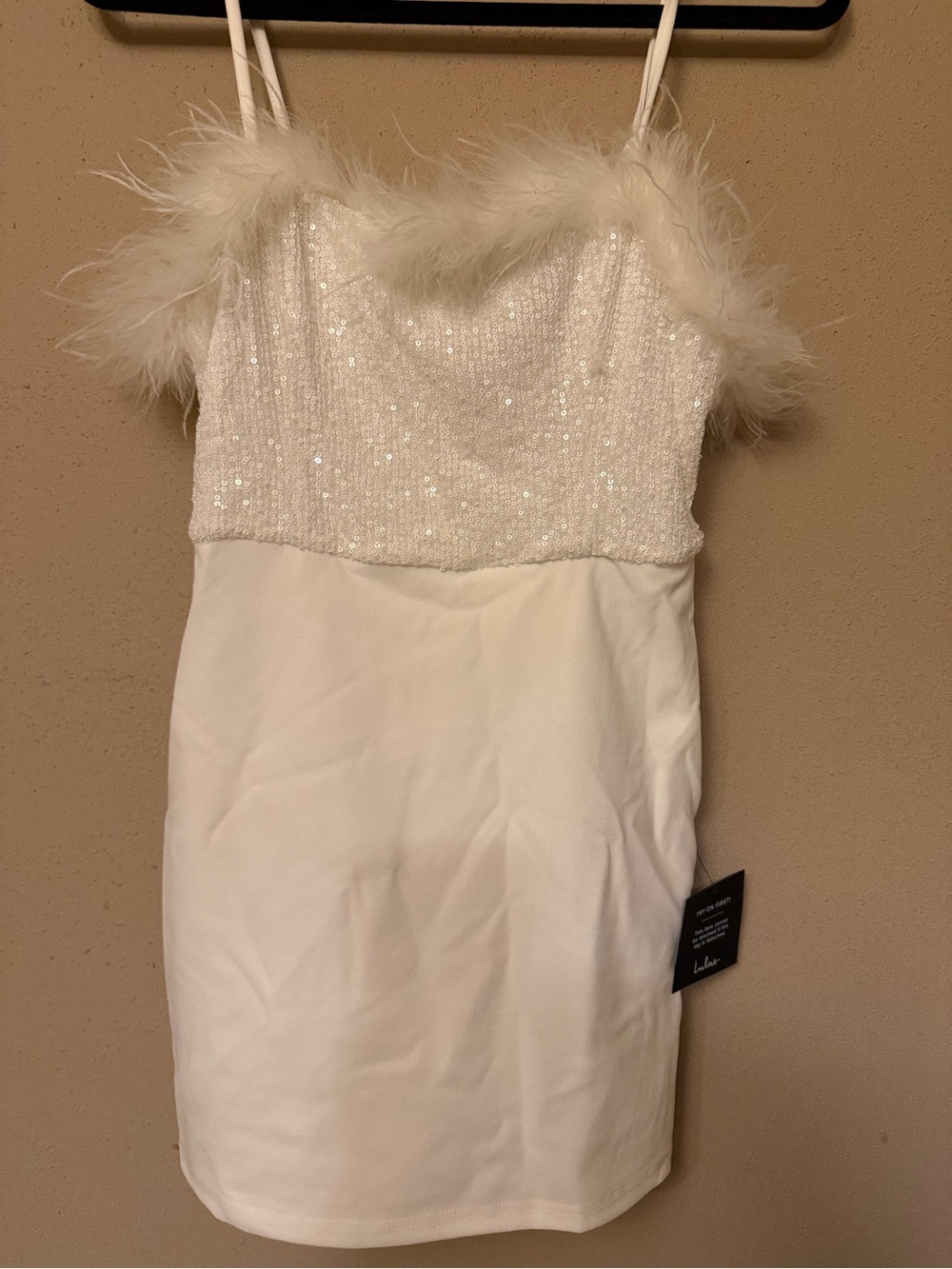 Lulu's White Sequin Bodice Dress with Feather Trim